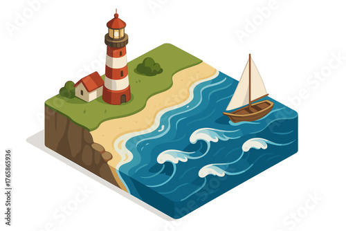 Isometric lighthouse with sailboat on ocean and beach landscape