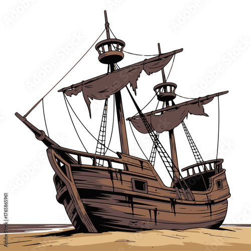 Wrecked Pirate Ship Illustration Abandoned Vessel on Sandy Shore with Damaged Sails