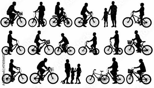 Silhouettes of diverse people and children in motion; Some riding bikes, others walking or standing