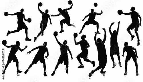 Black silhouettes of basketball players in various dynamic poses on a white background