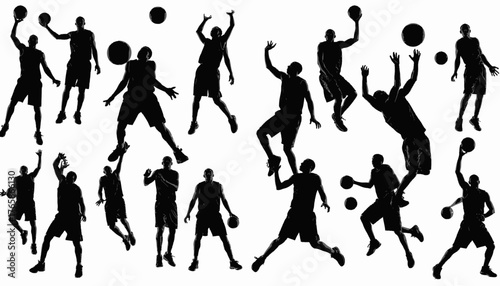 Silhouetted basketball players in various poses with the ball against a bright white background