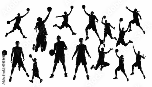 Silhouetted basketball players in various action poses, dribbling, shooting, and jumping, on white background