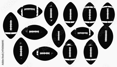 Black and white image of multiple American footballs arranged on a white background