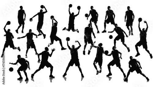 Black silhouettes showcasing basketball players in various dynamic poses against a white background