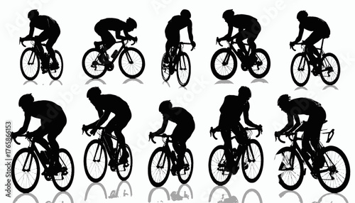 Ten cyclists in black silhouette, riding bicycles against white background, each with a subtle reflection