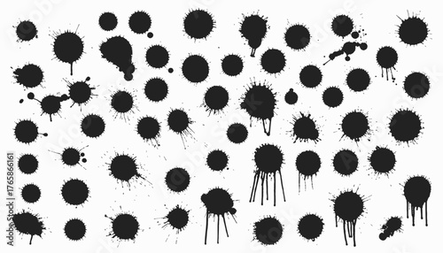 A collection of black ink splatters, drops, and splodges. Various sizes, shapes, and dripping effects