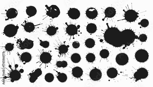 Collection of stylized black ink blot and splatter designs on a white background