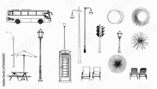 A collection of black and white sketches depicting various urban and recreational elements