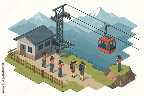 Diverse group of tourists photographing mountain cable car scene