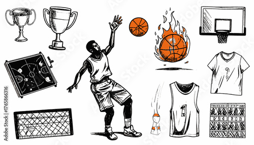 A collection of basketball-themed illustrations including a player, trophies, jerseys and a board