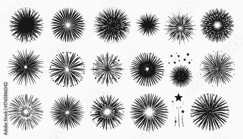 Collection of stylized, spiky black circles, resembling fireworks or exploding shapes, on a white background