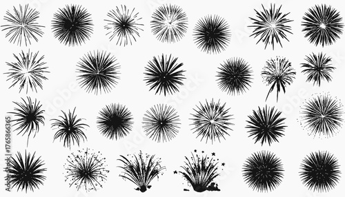 Black and white illustration featuring a variety of fireworks explosions on a white background