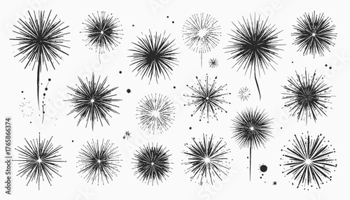 Black and white illustration featuring stylized dandelion-like shapes, arranged on a plain white background