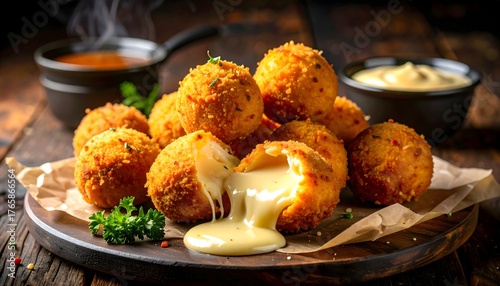 Photorealistic molten cheese croquette breaking open, dark rustic scene 