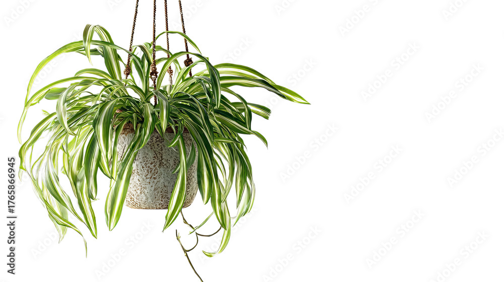 Fototapeta premium PNG of A vibrant green spider plant gracefully cascading from a textured hanging pot.