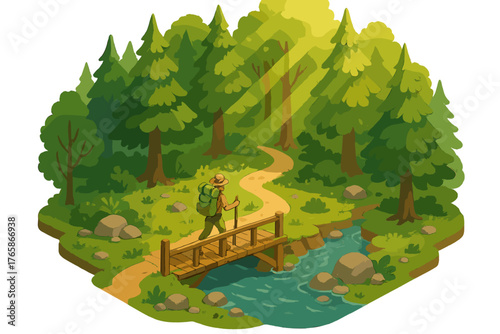 Hiker crosses forest bridge on a sunny day in scenic woodland trail