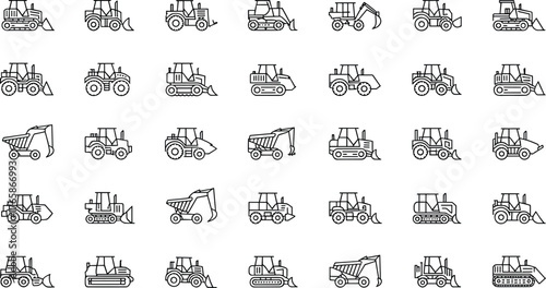 Outline icons of construction vehicles, bulldozers, tractors, excavators, dump trucks, industrial heavy machinery equipment, engineering transport symbols for building industry design