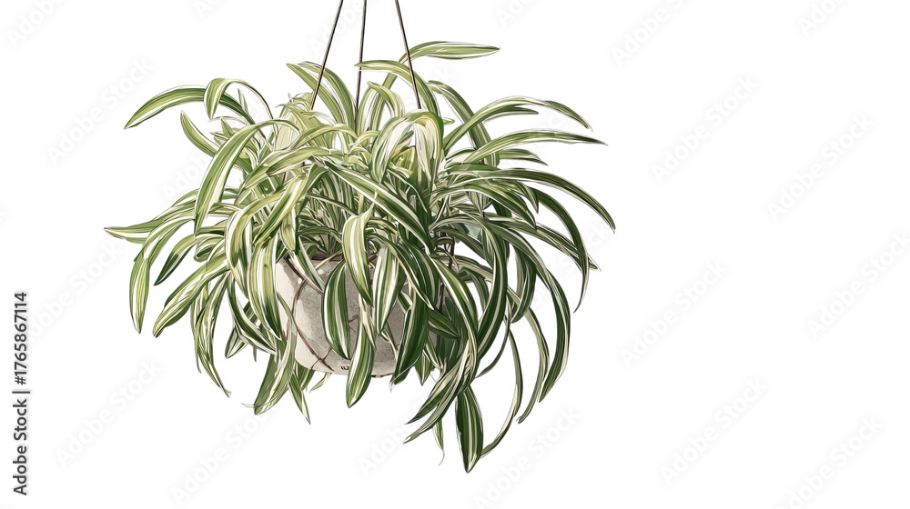 Fototapeta premium PNG of A lush, green hanging spider plant with striking striped leaves thrives in a modern pot, adding elegance to any space.