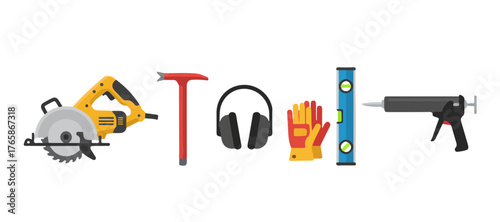 Construction tools : circular saw, pry bar, earmuffs, gloves, level, and caulking gun.
