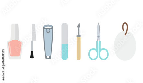 Manicure and pedicure tools : nail polish, clippers, file, and scissors.