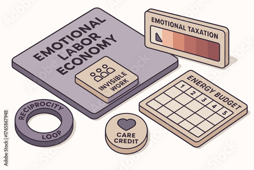Concept of emotional labor economy illustrated with tokens and charts