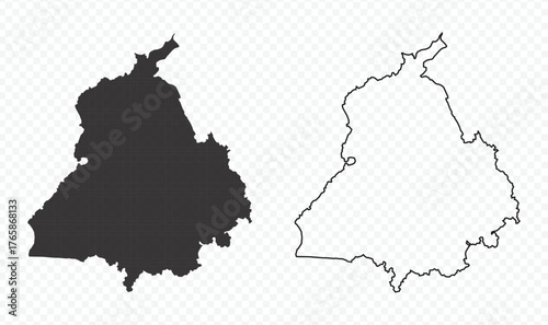 Punjab state map silhouette and outline vector illustration on transparent background