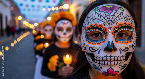 Day of the dead celebration with people in traditional makeup and colorful costumes in vibrant outdoor festival. concept of cultural heritage, festive atmosphere, traditional celebration