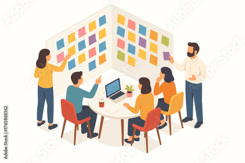 Diverse group collaborating with sticky notes in a modern office meeting