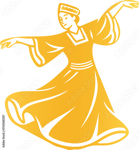Golden Silhouette of Traditional Folk Dancer on White Background