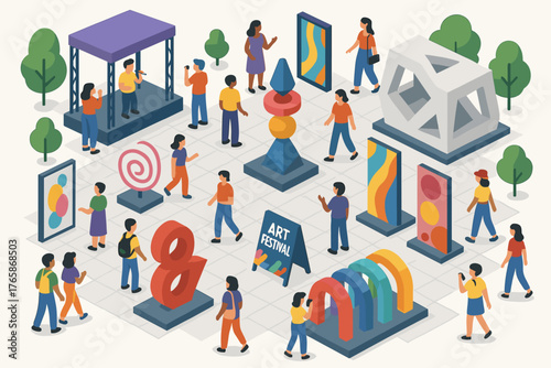 Isometric art festival with diverse people and colorful sculptures
