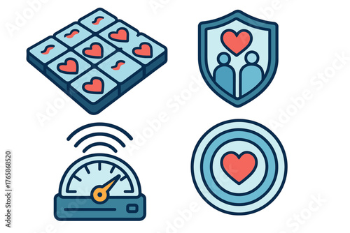 Heart-themed icons: puzzle, shield, speedometer, target