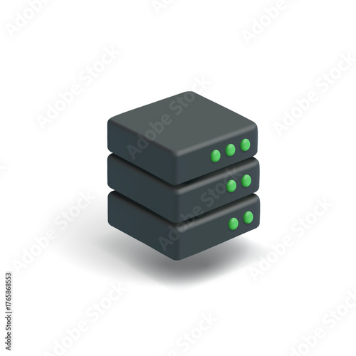 3D black server icon on white background. For concepts of information storage, data, datacenter, technology, computers. Vector illustration.