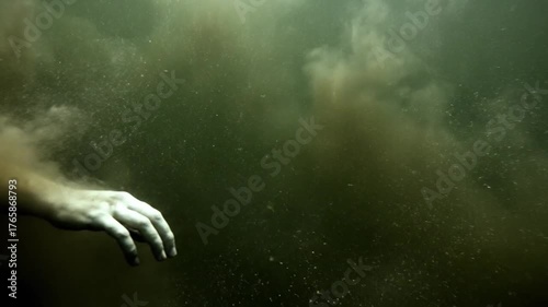 Submerged hand reaches out in murky underwater environment with swirling debris