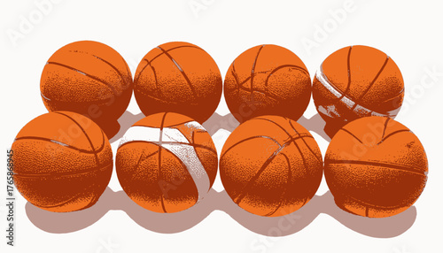 Illustration of eight orange basketballs against a white background with a shadow