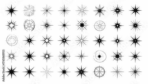 A collection of various stylized starburst designs, each with unique patterns and textures, in monochrome