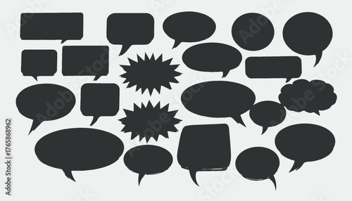 A collection of various dark speech bubbles of different shapes on a light grey background