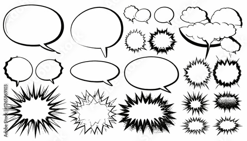 Collection of comic-style speech bubbles and burst effects, presented in stark black and white