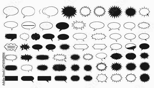 Collection of hand-drawn black and white speech bubbles in various shapes and sizes