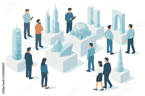 Diverse adult group observing modern architectural models in gallery setting