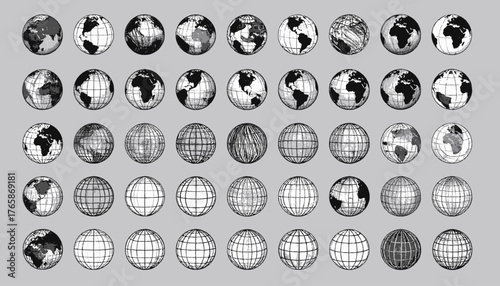A grid of 42 stylized globes, some showing landmasses, others just grid lines, on a grey background