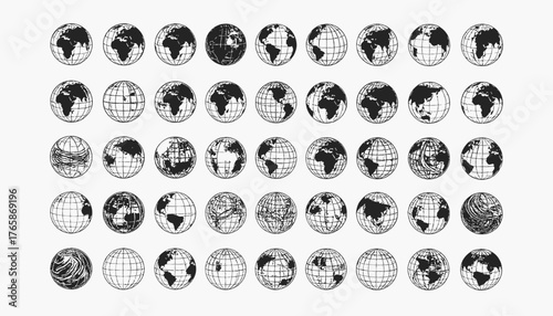 Black and white illustration of the Earth from various angles, creating a repeated pattern