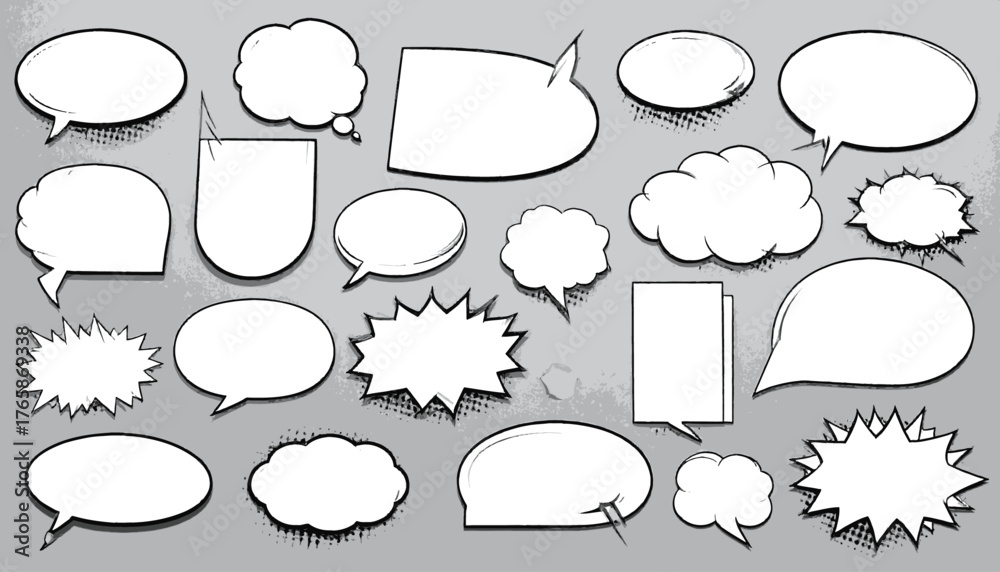 Obraz premium Collection of various white speech bubbles with black outlines and grunge background for design