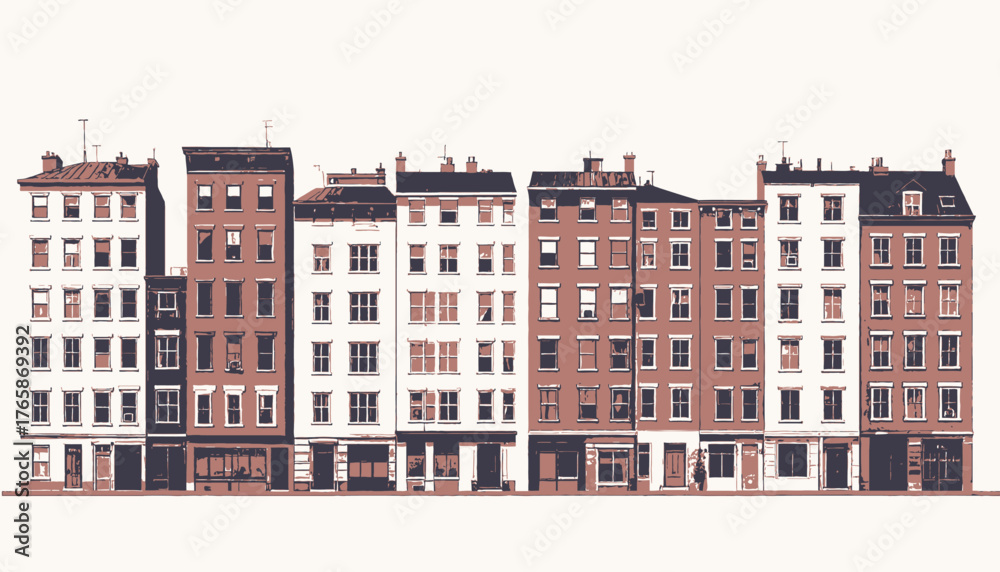Fototapeta premium Illustration featuring a series of townhouses in various styles, depicted in earthy tones