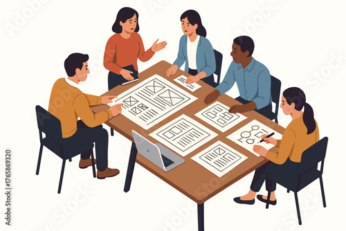 Diverse group of adults collaborating on design projects around table