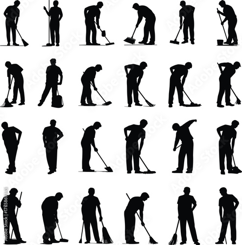 Silhouette people sweeping broom, worker cleaning floor, janitor sweeping action poses, housework illustration, hygiene maintenance, domestic chores, sanitation concept,