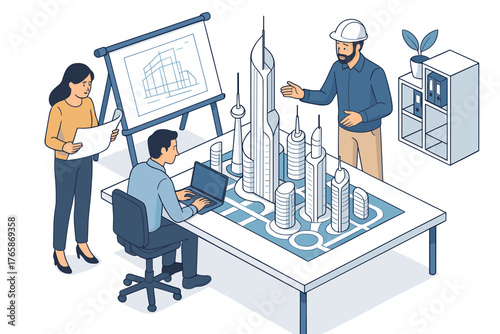 Diverse team of architects collaborating on futuristic skyscraper model design