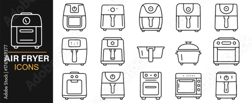 Modern air fryer and oven icons for food and culinary vector design.