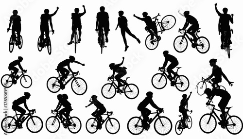 Silhouettes of cyclists in various poses. Riders on road bikes, some with raised arms