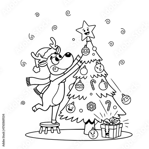 Cheerful reindeer decorating Christmas tree with star and Santa hat, simple coloring page for toddlers generative ai