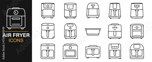 Minimal outline kitchen icons for oil-free air fryer illustrations.